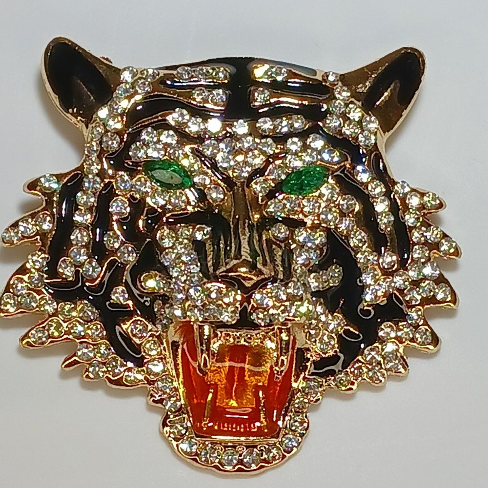 Bling Rhinestone Tiger Brooch Pin Green Eyes - Picture 4 of 4